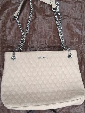 Nine West Quilted Cream Shoulder Tote with Silver Chain Straps